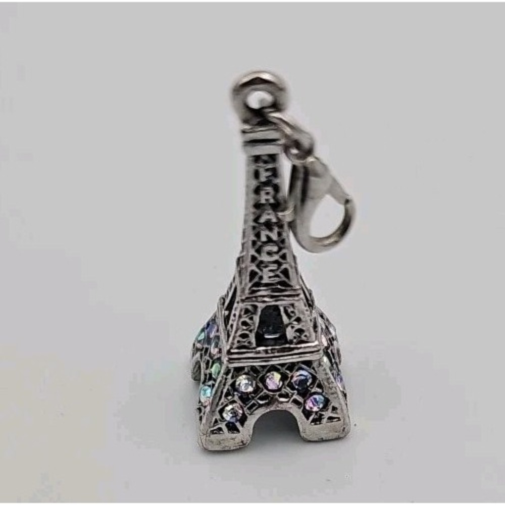 Paris France Eiffel Tower Charm Pendant Rhinestone 3D Silver Tone Metal 6264 1"